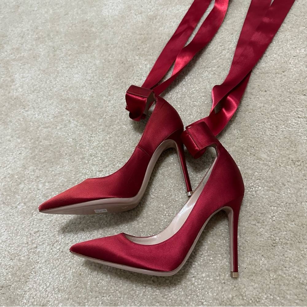 Gianvito Rossi Red Satin Gala Ankle Tie Pumps